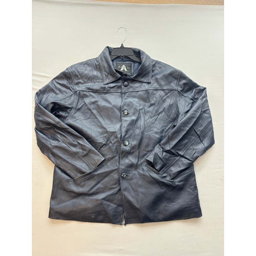 Alan Mens Navy Blue Genuine Leather Jacket Button Front Made in Mexico Size XL